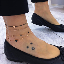 4 Pcs/Set Women Anklets Set Heart Shaped Leather Round Bead Chain Crystal Fashion Gold Anklet Female Simple Jewelry 2024 - buy cheap