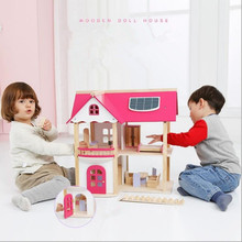 Casa de boneca da princesa rosa casa moradia de madeira com montagem de quebra-cabeça para crianças brinquedos de madeira para presente de aniversário e natal 2024 - compre barato