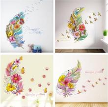 Pegatinas de pared de flores con plumas ondeantes en 3d para decoración del hogar, calcomanías de pared de salón, arte, mural, bricolaje 2024 - compra barato