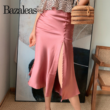 Bazaleas Vintage Like Silk Midi Skirts Sexy Slim Women Skirt Satin Pink Women Skirt Casual Slip Buttons Skirt Drop Shipping 2024 - buy cheap