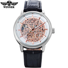 WINNER 2016 china brand man watches fashion mechanical hand wind watch skeleton rose gold dial silver case quality leather band 2024 - buy cheap