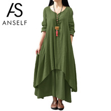 Anself 2020 Women Casual Spring Dress Loose Full Sleeve V Neck Button Plus Size Dress Cotton Linen Boho Long Maxi Dress Vestidos 2024 - buy cheap