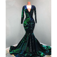 Vestidos de graduación de sirena verde con lentejuelas brillantes nuevos vestidos de fiesta de manga larga con cuello en V 2024 - compra barato