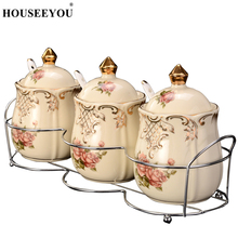 HOUSEEYOU 3Pcs/lot European Sugar Pot Candy Bowel Seasoning Box Spiec Jar Can Spoon Lid Ceramic Floral Rose Kitchen Storage Tool 2024 - buy cheap