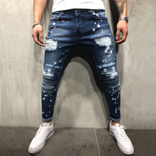 Calça jeans plissada elástica masculina, calça de ginástica hip-hop com furos de tinta, jeans skinny para motociclista, rasgado e de joelho, justa 2024 - compre barato