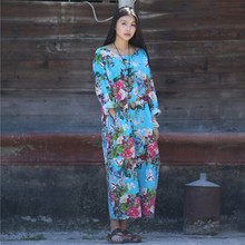Maxi Dress 2016 Summer Dress O-neck Flower Print With Butterfly Loose Casual Linen Dresses Robe Vintage Women Dress Vestidos 2024 - buy cheap