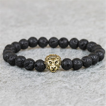 Новинка 2017, бусины из лавового камня 8 мм с античным золотым львом, эластичные браслеты для мужчин и женщин, подарок для мужчин 2024 - купить недорого