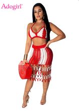 Adogirl Color Patchwork Hand Crochet Beach Dress Two Piece Set Hollow Out Bra Top Bodycon Midi Skirt Summer Women Clothing 2024 - buy cheap
