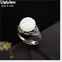 Anéis de prata esterlina 100% real ugliless, anéis abertos com flor jade branca natureza, joias finas tailandesas, bijuterias de prata 2024 - compre barato