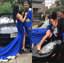 Sexy African Black Girls Royal Blue Mermaid Prom Dresses 2019 High Neck Gold Lace Appliques Women Long Evening Party Gowns 2024 - buy cheap