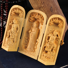 Exquisite Empaistic Natural Boxwood Carving Buddha Western Retinues Three Holy Goddess of Mercy carving handicraft Decoration 2024 - buy cheap