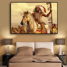 Pintura a óleo de cavalo aterrado indiano nativo em tela cartazes e impressões escandinavo arte de parede para sala de estar 2024 - compre barato