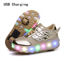Zapatillas luminosas con 1 o 2 ruedas para niños, deportivas de patinaje con luces Led de color dorado y rosa, para niños y niñas, con carga USB 2024 - compra barato