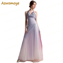 Aswomoye A-Line Chiffon Evening Dress 2018 Sexy Backless Deep V-Neck Halter Beading Prom Dress Haute Couture Robe De Soiree 2024 - buy cheap