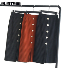 New 2020 Autumn Split Long Skirt  High Waist Korean Bright Buckle Skirt Casual Slim Vintage Solid Knitted Skirt 2024 - buy cheap