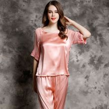 Brand 100% Real Silk Women's Pajamas Set Smooth Genuine Mulberry Silk Sleepwear Pyjamas Women Half Sleeve Home Wear 2024 - buy cheap