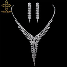 TREAZY-juegos de joyas de boda para mujer, aretes, collar con borlas de cristal, joyería nupcial, 2019 2024 - compra barato