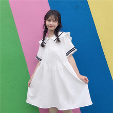 Verano Mujer 2019 nuevo vestido coreano estudiante Mori chica suelta fresco Peter Pan Collar azul marino estilo Casual vestido de moda 2024 - compra barato