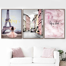 Pared arte impresión Rosa París chica sueño ciudad lienzo pintura cartel nórdico e impresiones pared imágenes para sala de estar dormitorio Decoración 2024 - compra barato