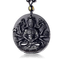 Natural Stone Pendants Black Obsidian Carved Round Thousand Hands Guanyin Buddha Amulet Lucky Lovers' Pendant Necklace Jewelry 2024 - buy cheap