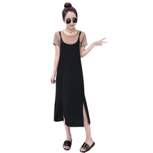 2019 Summer New Women Set Casual Fashion Solid Short Sleeve O Neck T-shirt + Sling Dress Long Loose Strap Two-piece sets Female 2024 - buy cheap