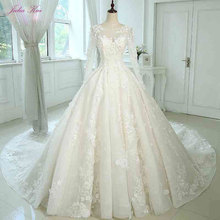 Julia Kui  Floral Print Scoop A-line Appliques Wedding Dress Floor-Length Full Sleeves Embroidery Chapel Train Vestido de noiva 2024 - buy cheap