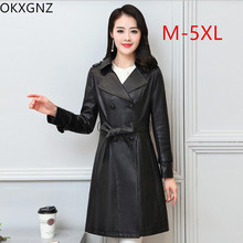2018 Spring Women's Korean Fashion Temperament Long-sleeved Slim Long Leather Jacket Hooded Belt Leather Coat Plus Size M-5XL 2024 - buy cheap