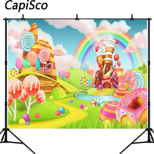 Каписко фон для фотосъемки красочный карамельный замок мультфильм детский день рождения радуга сказка фото фон фотостудия 2024 - купить недорого