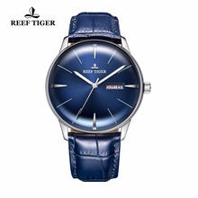 Reef tiger/rt-relógio masculino, mostrador azul, aço, couro genuíno, lente convexa, automático, relógios analógicos rga8239 2024 - compre barato