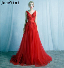 JaneVini Elegant V-Neck Red Bridesmaid Dress Long Backless Lace Appliques Sequined Bridal Wedding Party Dress Tulle A Line Gown 2024 - buy cheap