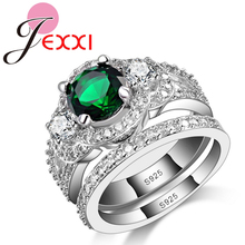 Anillos de boda para novia, joyería de plata de ley 925, conjuntos de anillos de compromiso de boda redondos de circonita cúbica de cristal verde para mujer 2024 - compra barato