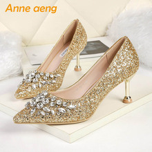 2019 New Women Pumps High Thin Heel Metal Pointed Toe Shallow Sexy Ladies Bling Bridal Wedding Women Shoes Gold Female High Heel 2024 - buy cheap