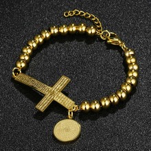 Stainless Steel Beads Bracelets Bangle Sideways Cross Bible Medal Pendant Cuff Bracelet Women Men Religious Jewelry Gifts SL070 2024 - buy cheap