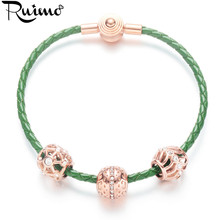 RUIMO-pulsera trenzada de cuero genuino para mujer, brazalete con cuentas de cristal, cadena de cuerda, color verde, oro rosa 2024 - compra barato