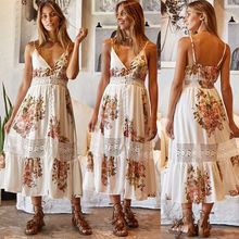 Women Boho Long Maxi Dress Sleeveless Summer Beach Flower V-neck Party Floral Sundress 2024 - buy cheap