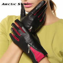 Women Genuine Leather Gloves Top Fashion Contrast Color With Zipper Wrist Thermal Goatskin For Winter Driving L141NQ 2024 - buy cheap