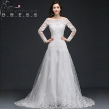 Charming Boat Neck Long Sleeve Wedding Dresses Real Images Appliques Lace Button Back  Bridal Gown Vestidos de Novia 2024 - buy cheap