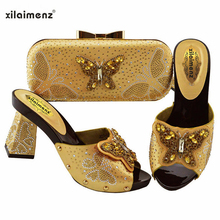 Zapatos y bolso de moda nigeriana para mujer, combina con mariposa y cristal brillante en oro, nuevo diseño, primavera 2019 2024 - compra barato