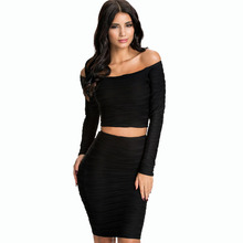 Vestido de fiesta ajustado de manga larga para mujer, conjunto de 2 piezas formado por Top corto y fruncido, color negro, S1110, 2016 2024 - compra barato