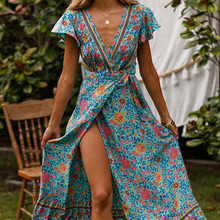 AECU Vintage Floral Print Boho Dress Women Sexy V Neck Maxi Beach Summer Dress Vestidos Sash Split Retro Long Dress Sundress 2024 - buy cheap