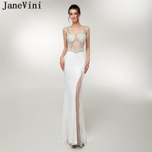 JaneVini-Vestido de Noche blanco Largo con lentejuelas brillantes, Sexy, con cuello de pico, de lujo, con cuentas de sirena africana, Vestido de Noche Largo 2024 - compra barato