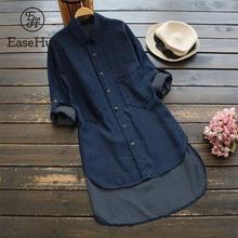 Женская Джинсовая блузка EaseHut, повседневные рубашки с отложным воротником, длинными рукавами, карманами и асимметричным подолом 2024 - купить недорого