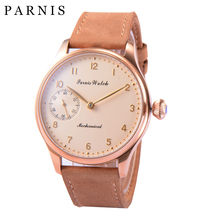 Fashion Parnis 44mm Yellow Dial Mechanical Hand Wind Men's Watches Leather Band Hand Winding Stainless Steel Gold Case Men Watch 2024 - buy cheap