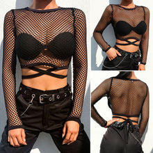 Sexy Women Hollow Out Fishnet Mesh Sheer Crop Top Long Sleeve Bodycon See-Through Transparent Shirt Blouse Tee Tops Clubwear 2024 - buy cheap