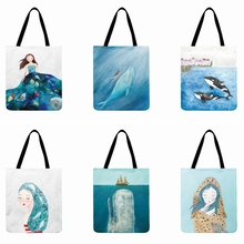 Nordic Marine Printed Tote Bag For Women Foldable Shopping Bag Cartoon Whale Casual Totes Outdoor Beach Bag Ladies Shoulder Bag 2024 - buy cheap