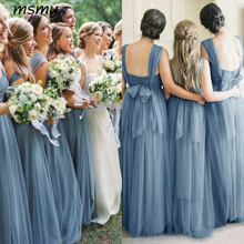 Light Blue Tulle Bridesmaid Dresses for Summer Garden Weddings 2018 Floor Length Maid of Honor Gowns with Sash A Line Square 2024 - buy cheap