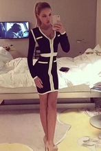 2018 new arrival white black yellow v neck front with Zippers women long sleeve Celebrity Bandage Evening Party Bodycon dress 2024 - buy cheap