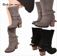 High quality New Women casual Mid-Calf Boots shoes Autumn Winter women Slip-On Round Toe High Heels pumps derss botas mujer W346 2024 - buy cheap