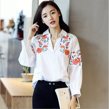 Spring Women's Shirt Floral Embroidery White Cotton Shirts Loose Lantern Sleeve Casual Tops 2024 - buy cheap