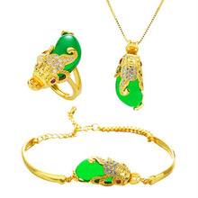 Pixiu-Conjunto de tres piezas de pulsera de cristal verde de imitación, conjunto de collar, Color dorado, 3D 2024 - compra barato